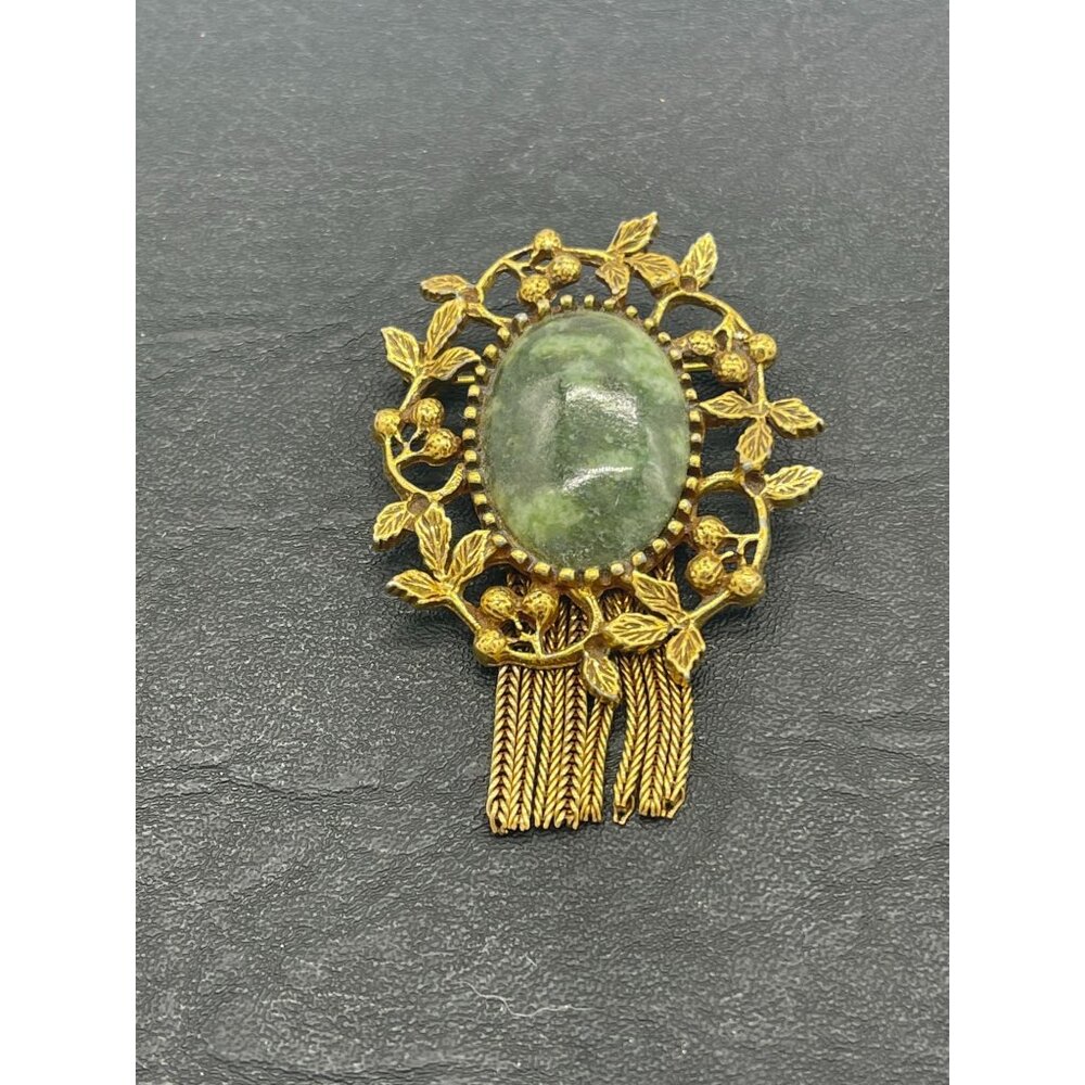 Vintage Goldette Brooch Pin Gold Tone with Green Cabochon and Fringe
